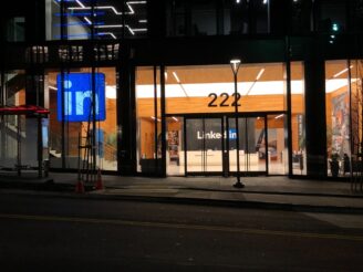 blue and white store signage